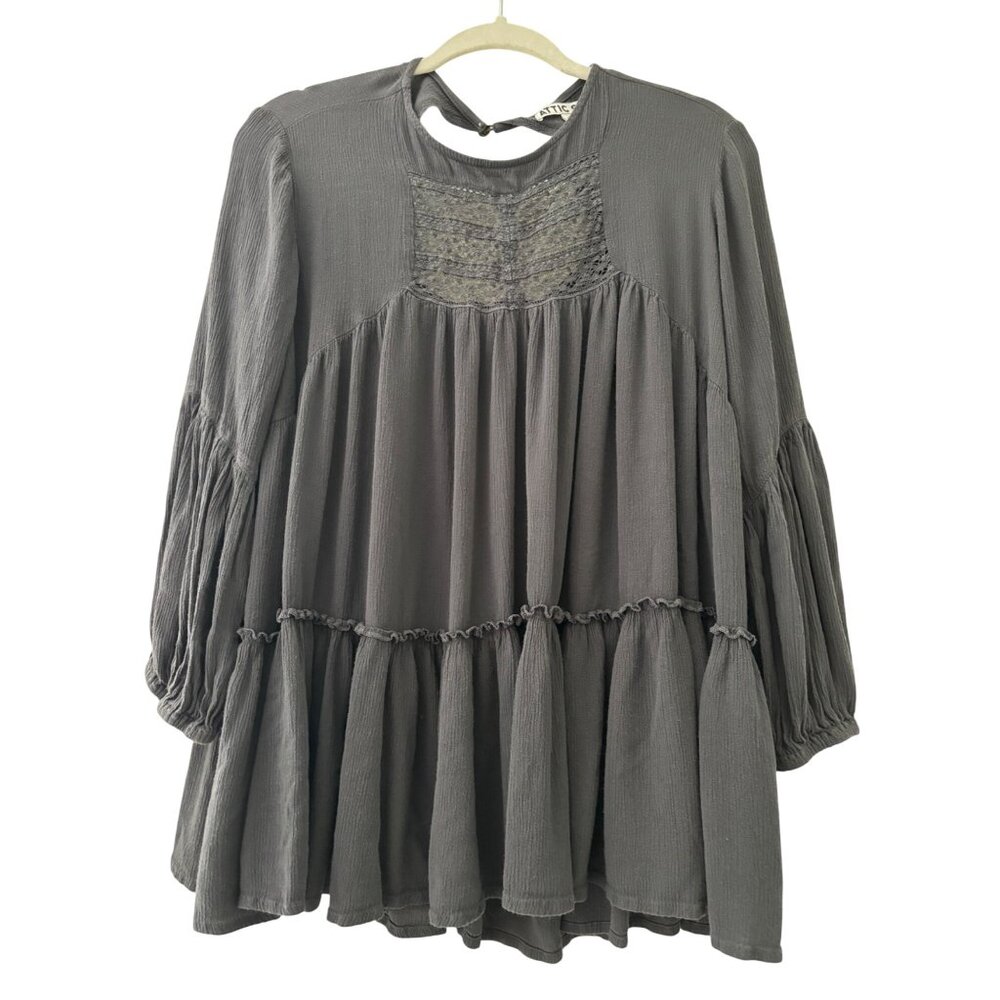 Attic Salt Womens Boho Crochet Pleated Tunic Blouse Size M Gray Rayon Flowy